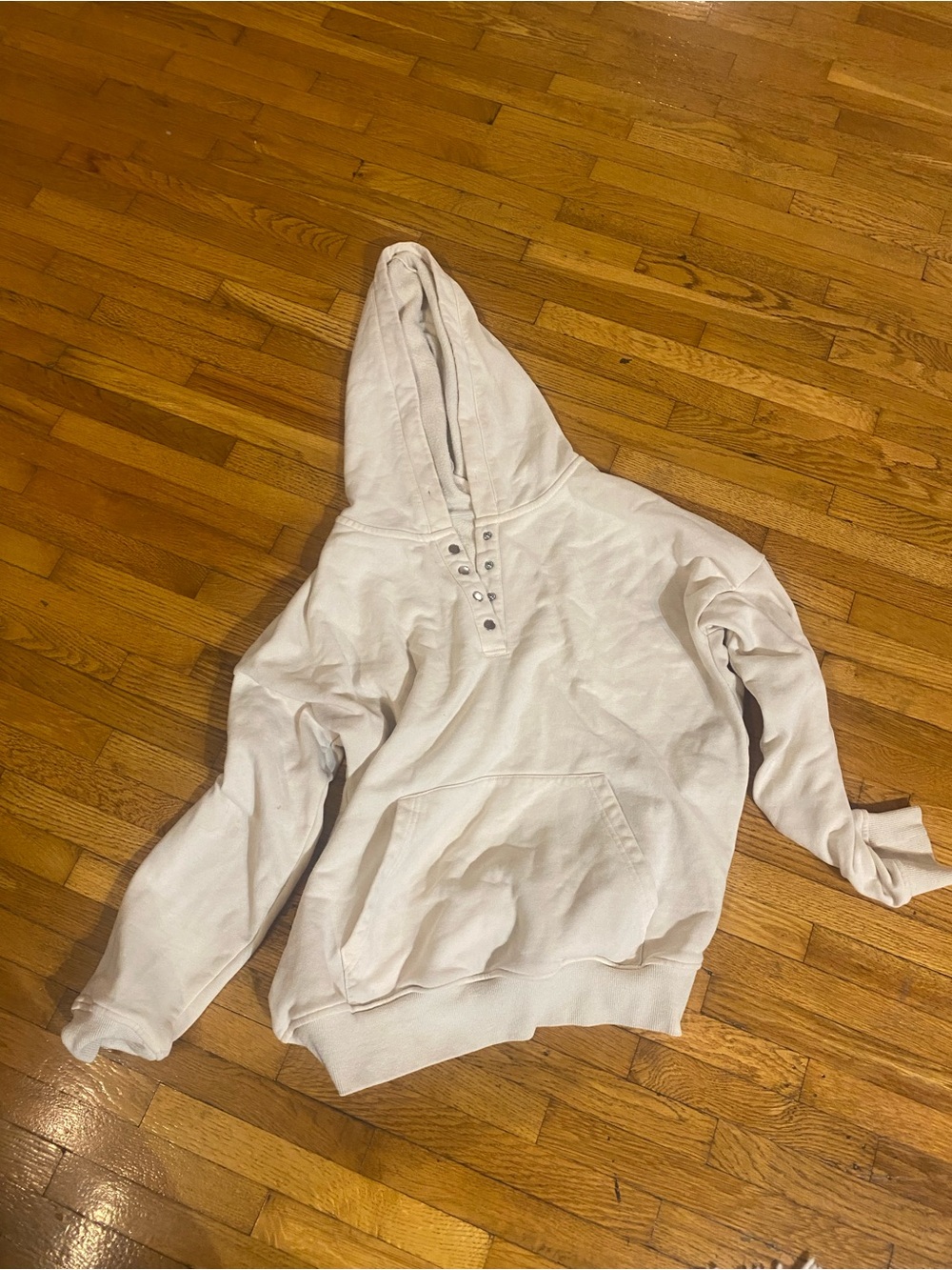 Cream Hooded Pullover Sweatshirt with Button Placket